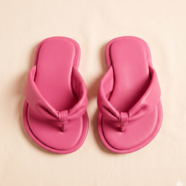 Pair of pink flip-flops on a beige background